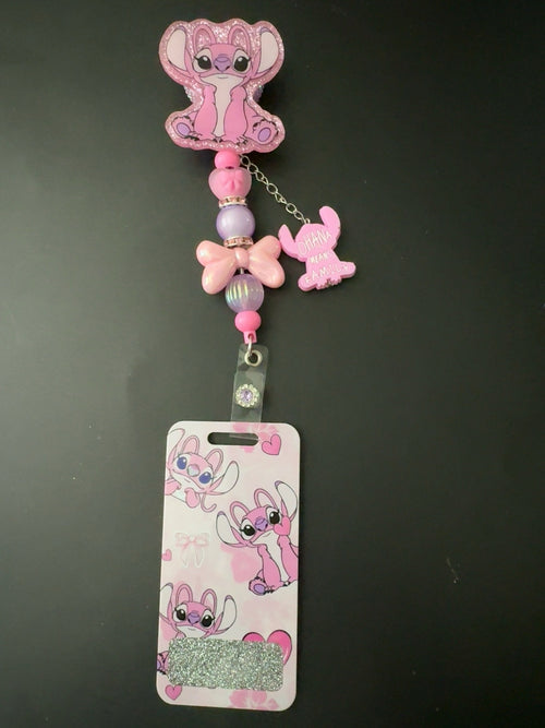 Angel inspired pink beaded badge reel with matching badge buddy