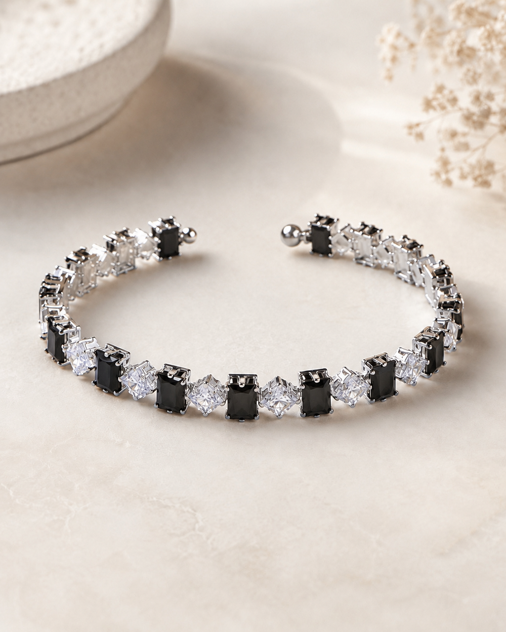 Black and clear stone wrap bangle bracelet with no clasp