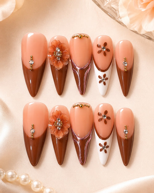 Brown and peach floral long press-on nail set with gold accents