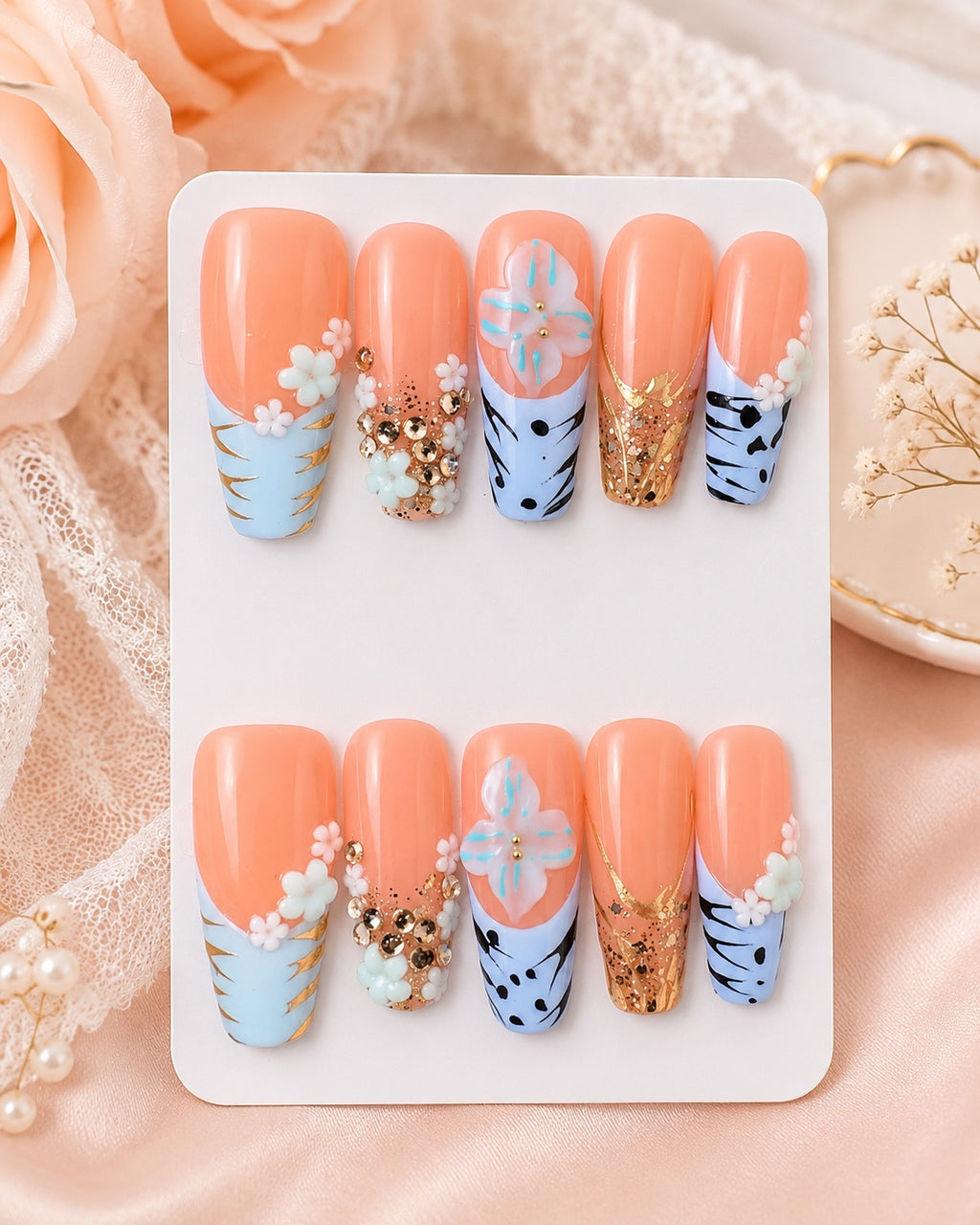 Peach and blue floral long press-on nail set with gold and crystal accents