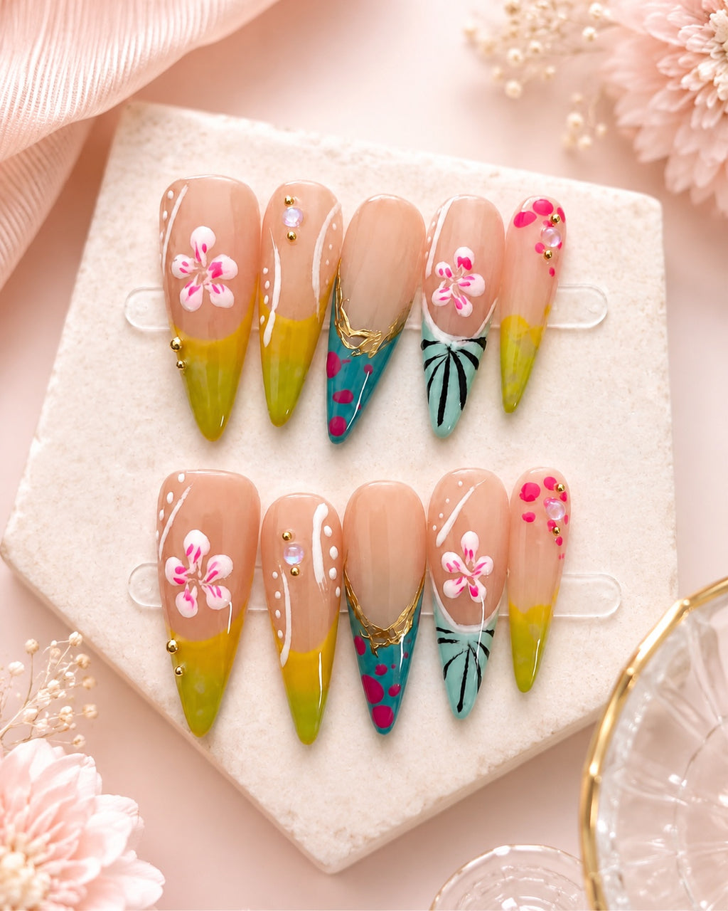 Colorful floral long press-on nail set with green blue pink and gold accents