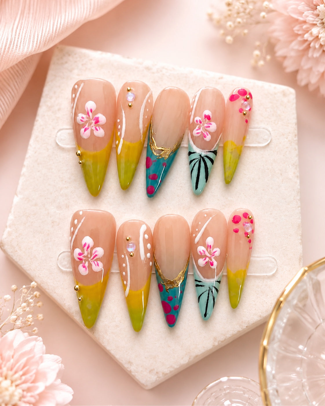 Colorful floral long press-on nail set with green blue pink and gold accents