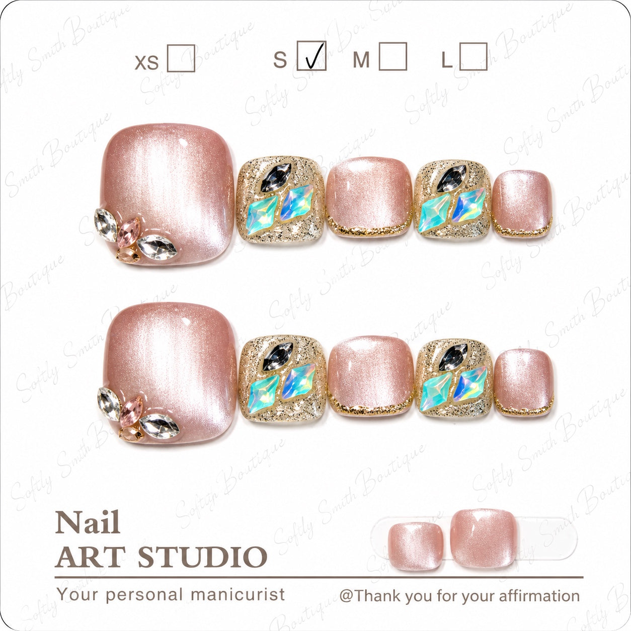 Blush pink and gold press-on toe nails with iridescent gem accents
