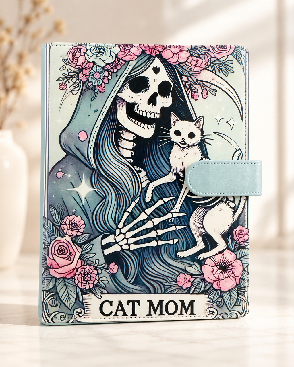 Cat Mom gothic floral A5 binder angled front view