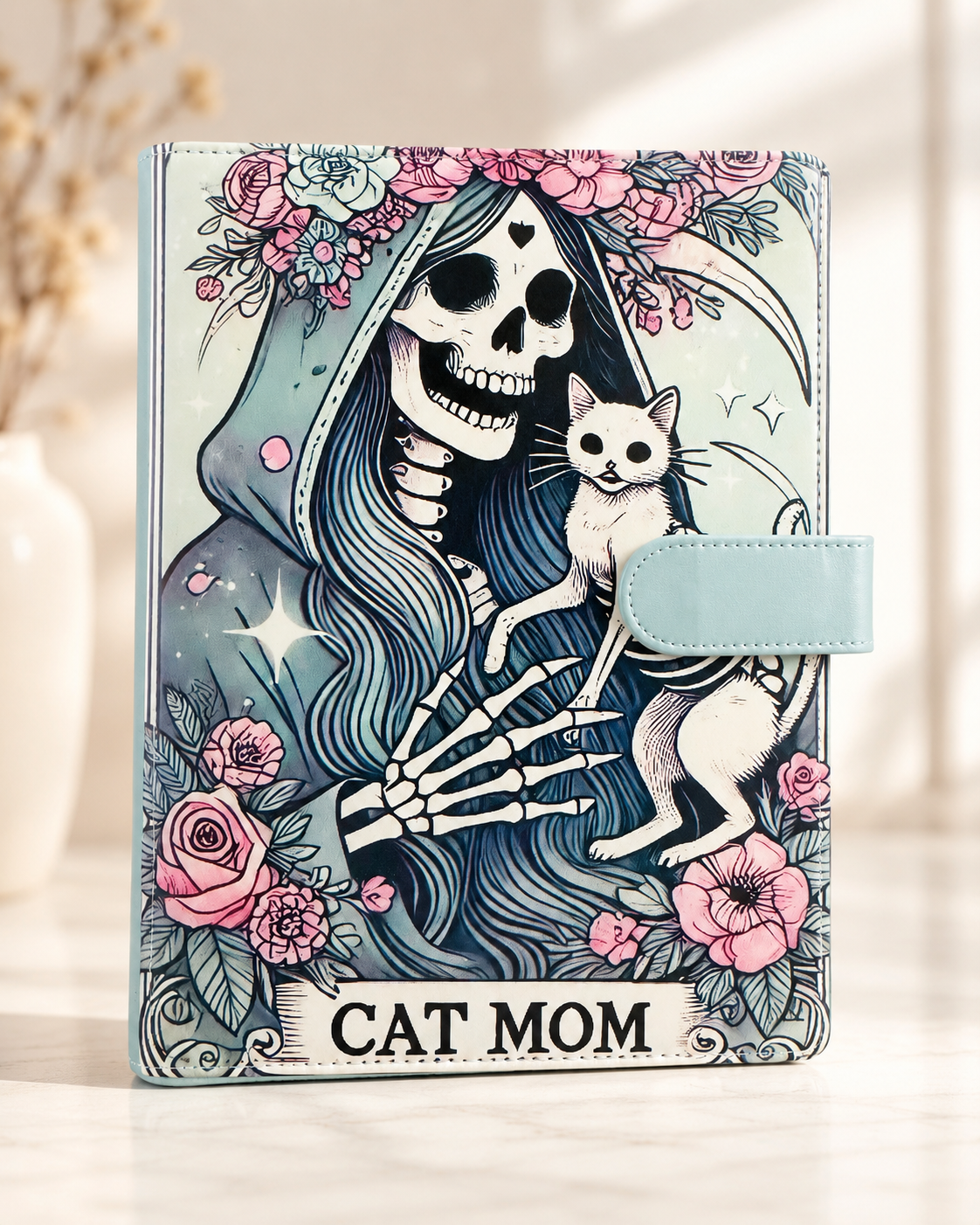 Cat Mom gothic floral A5 binder angled front view