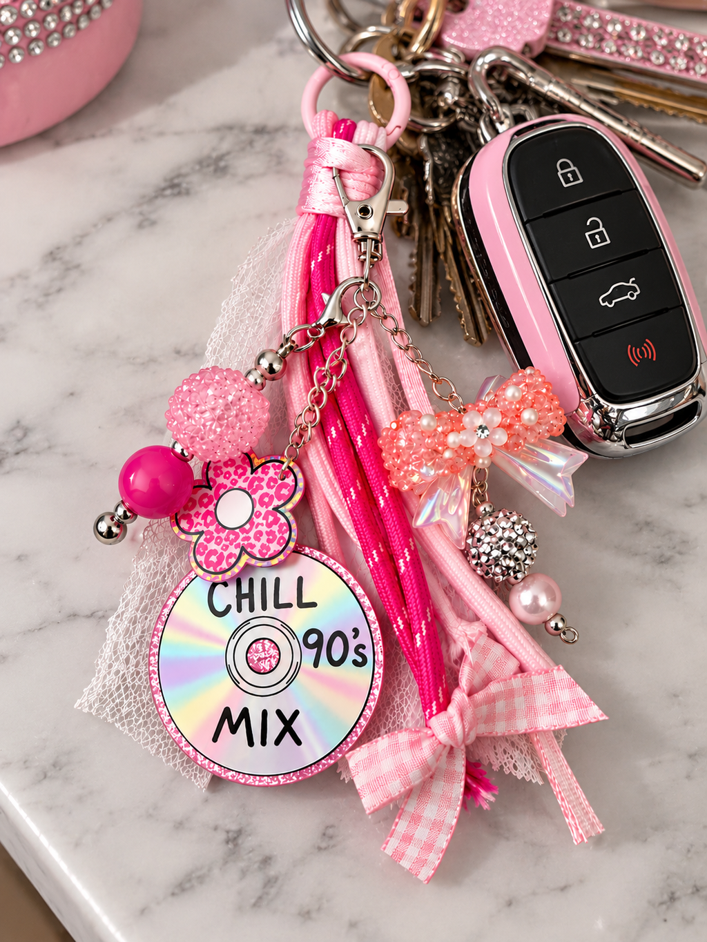 Pink 90s mixtape keychain with keys