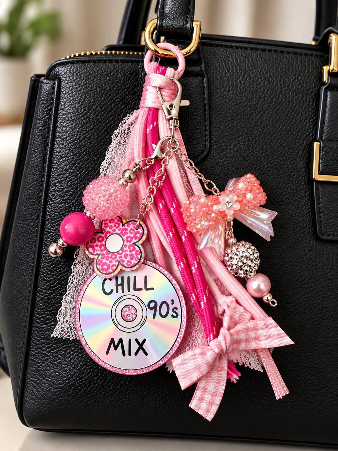 Pink Y2K charm on black handbag