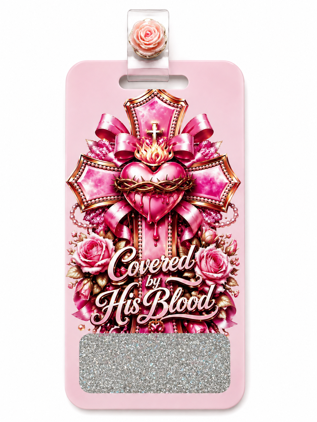 Pink Covered by His Blood badge buddy with rose button