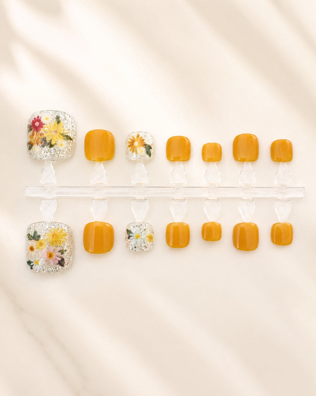 Golden yellow and pressed wildflower press-on toenail set