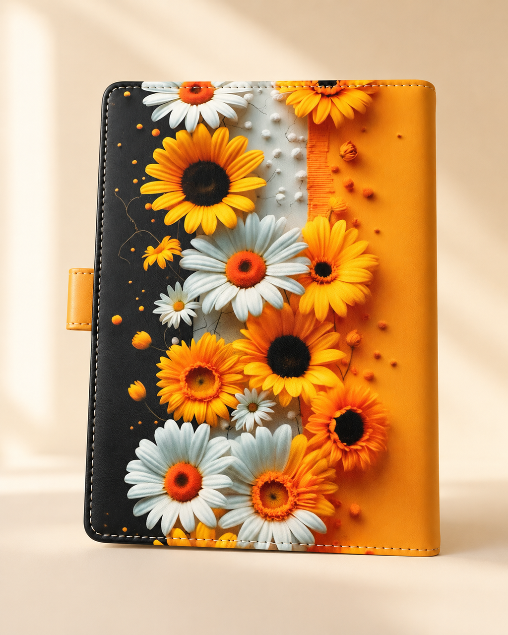 Back view of orange and black floral A5 binder