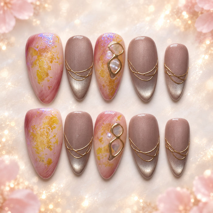 Heiress blush pink, taupe and gold almond press-on nails