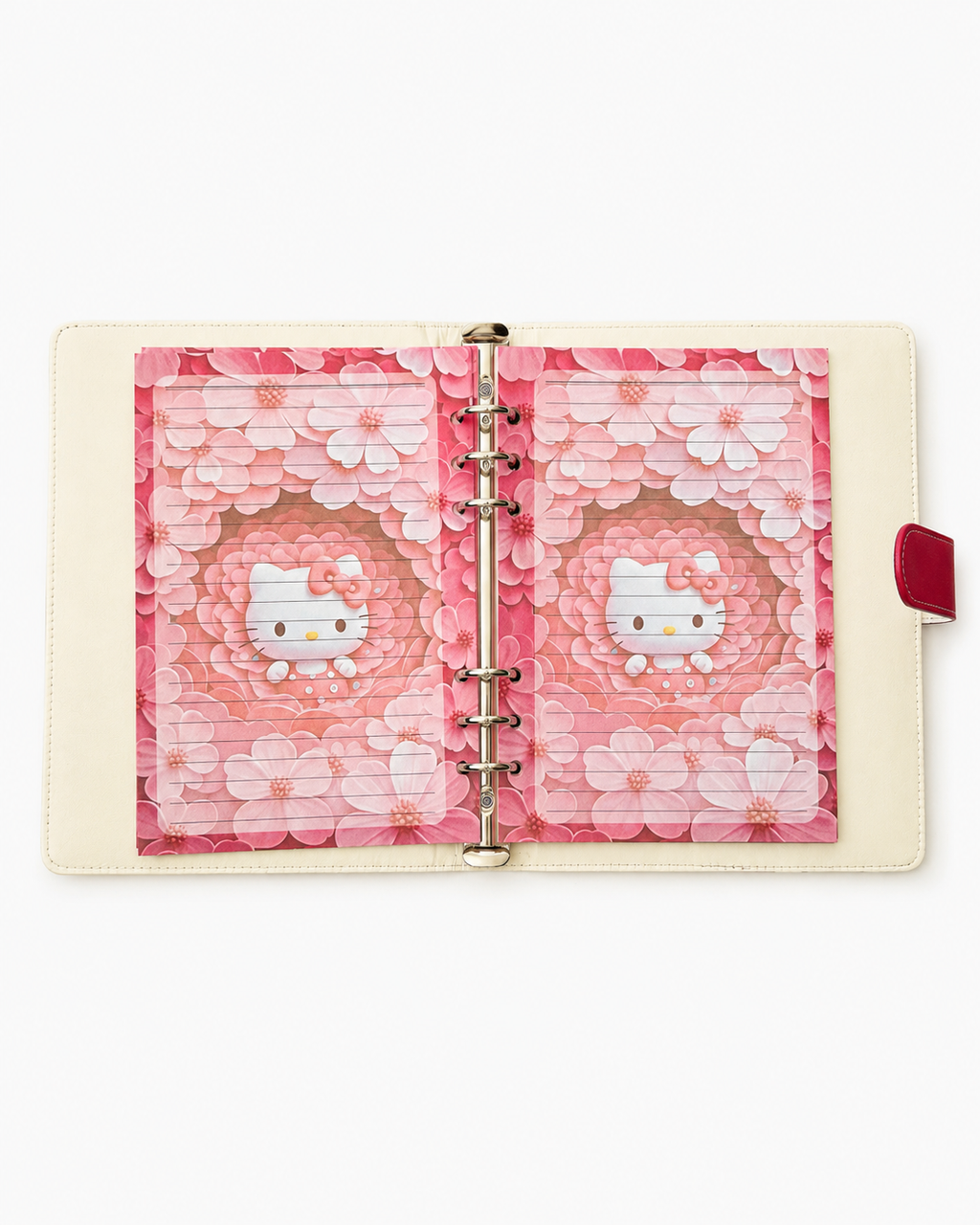 Open Hello Kitty A5 binder with pink floral lined paper