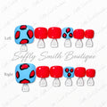 Red and blue press-on toe nails with ladybug-inspired spots