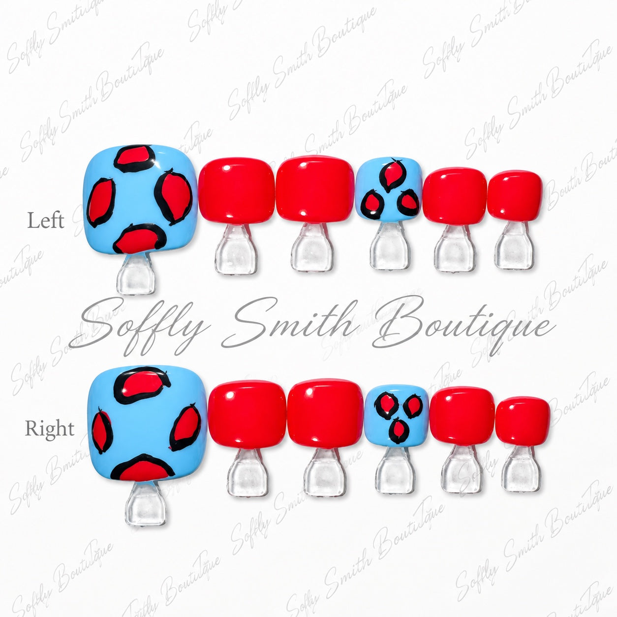 Red and blue press-on toe nails with ladybug-inspired spots