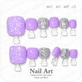 Lavender press-on toe nails with floral art and silver glitter accents