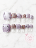 Lavender glitter and silver star press-on toenails