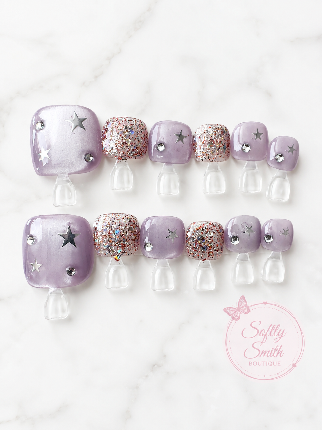 Lavender glitter and silver star press-on toenails