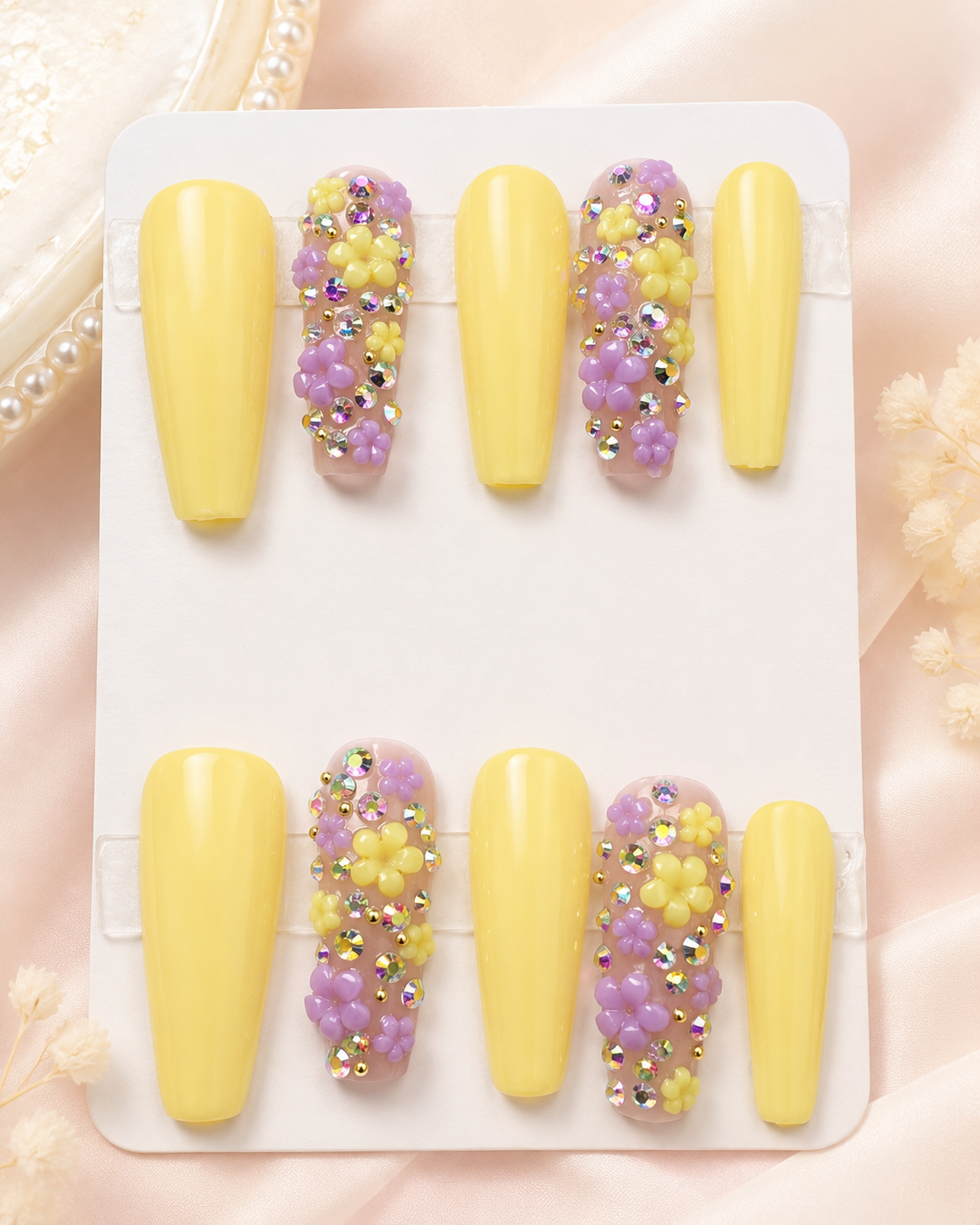 Lemon Lavender Bloom yellow press-on nails with purple and yellow 3D floral accents and rhinestones