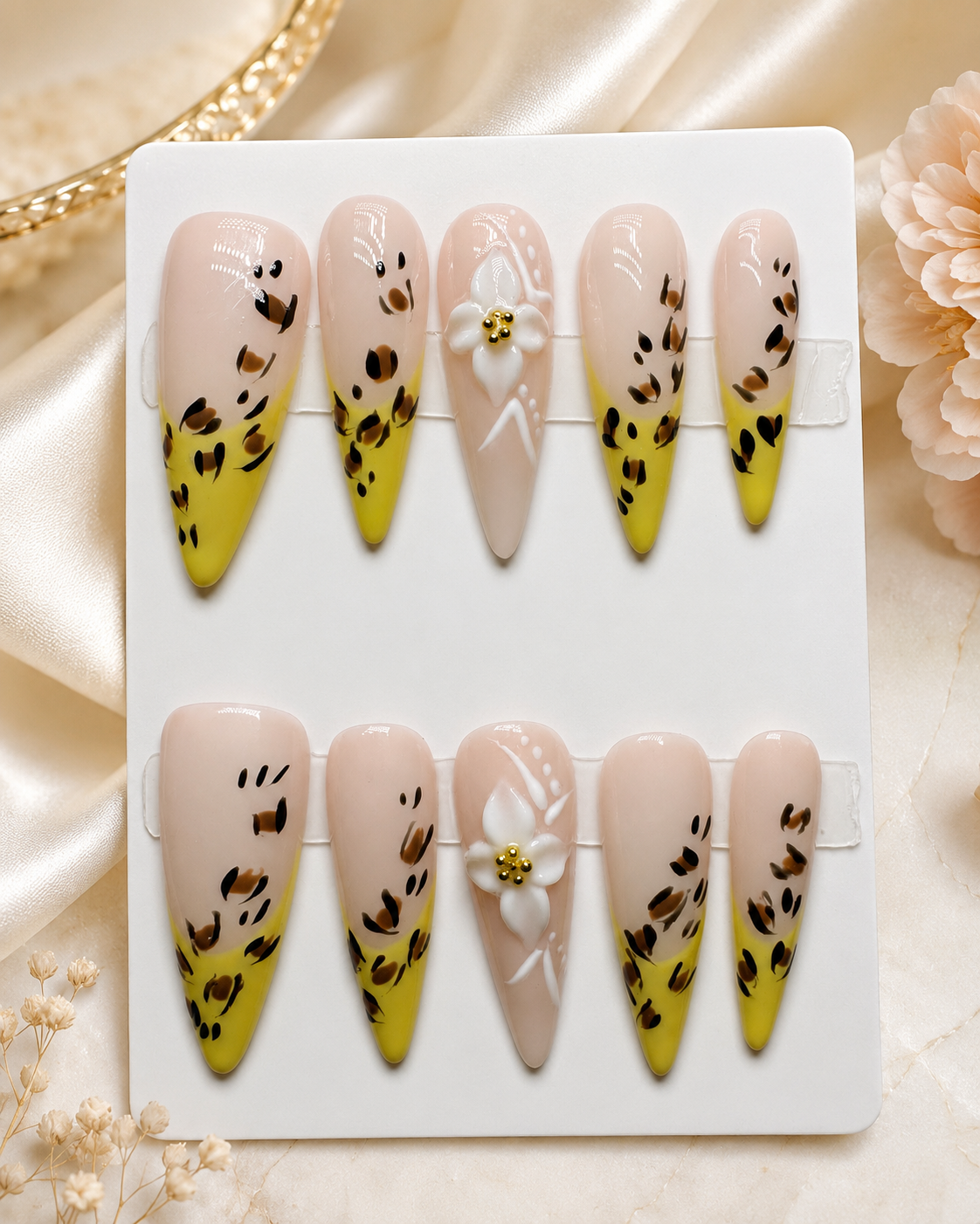 Lemon Leopard Bloom nude and yellow press-on nails with leopard print and white 3D flower accents