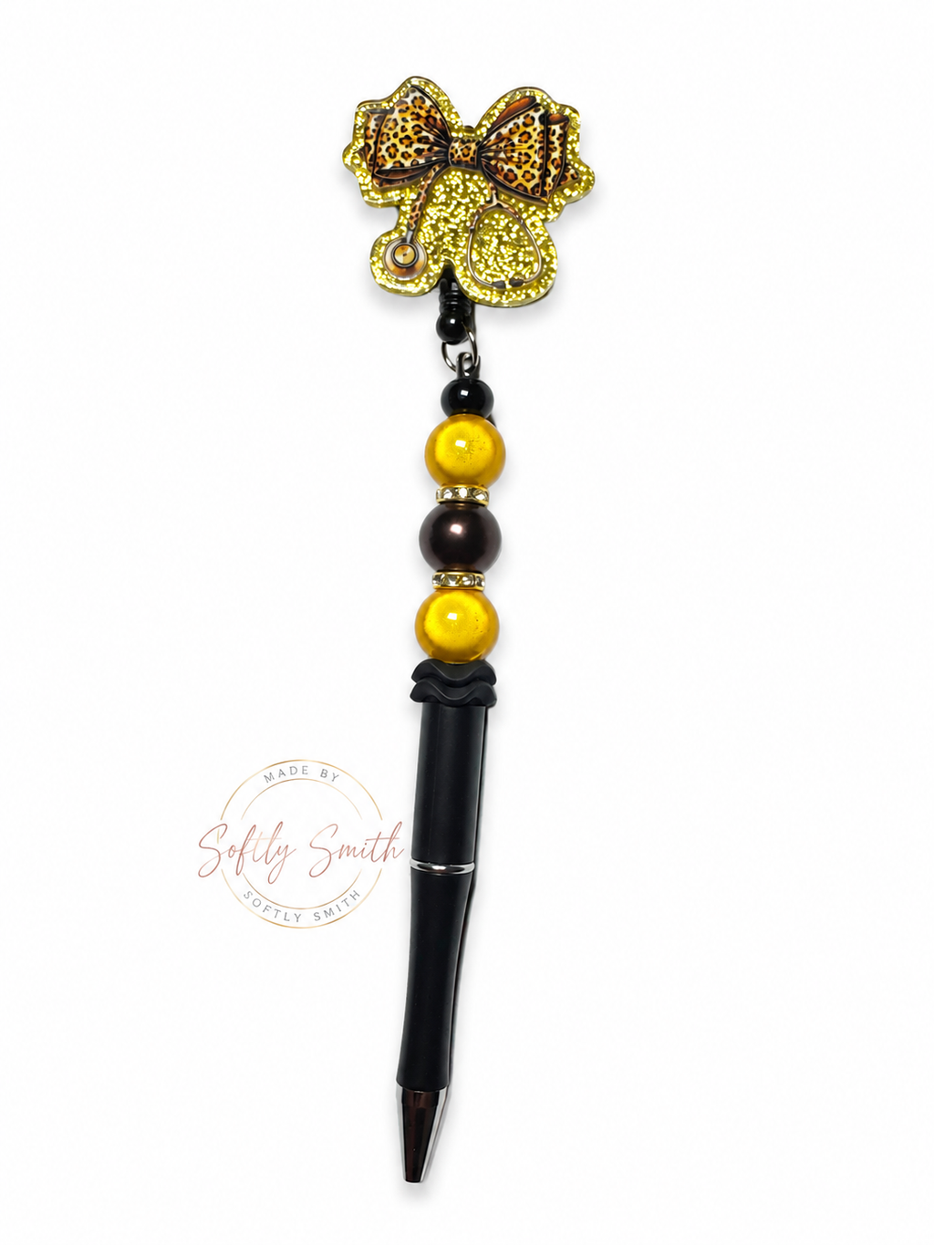 Black and gold leopard bow beaded reel pen with black ink