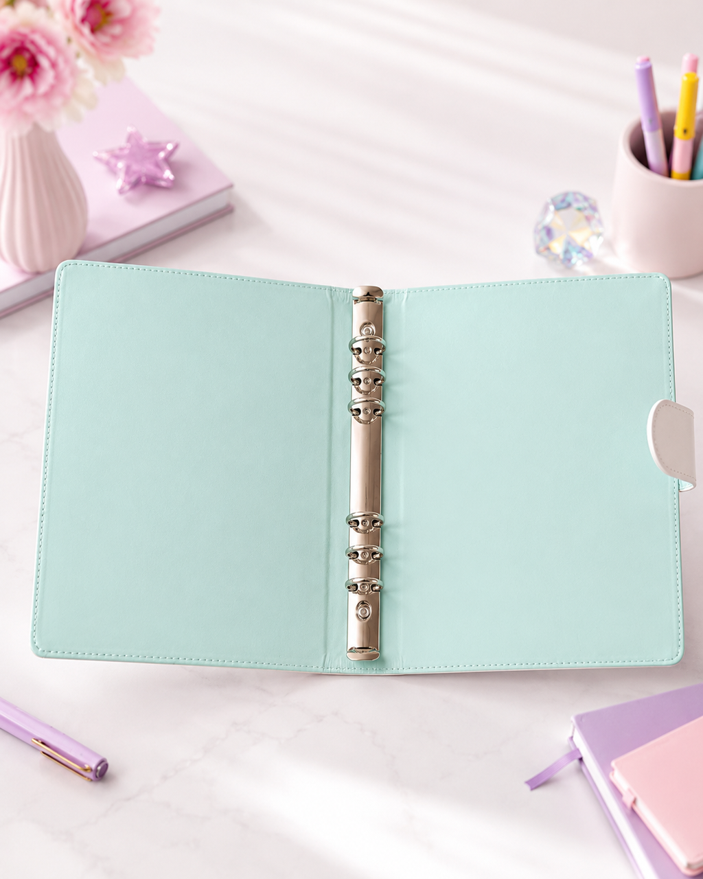 Open mint interior of Lisa Frank A5 six-ring binder