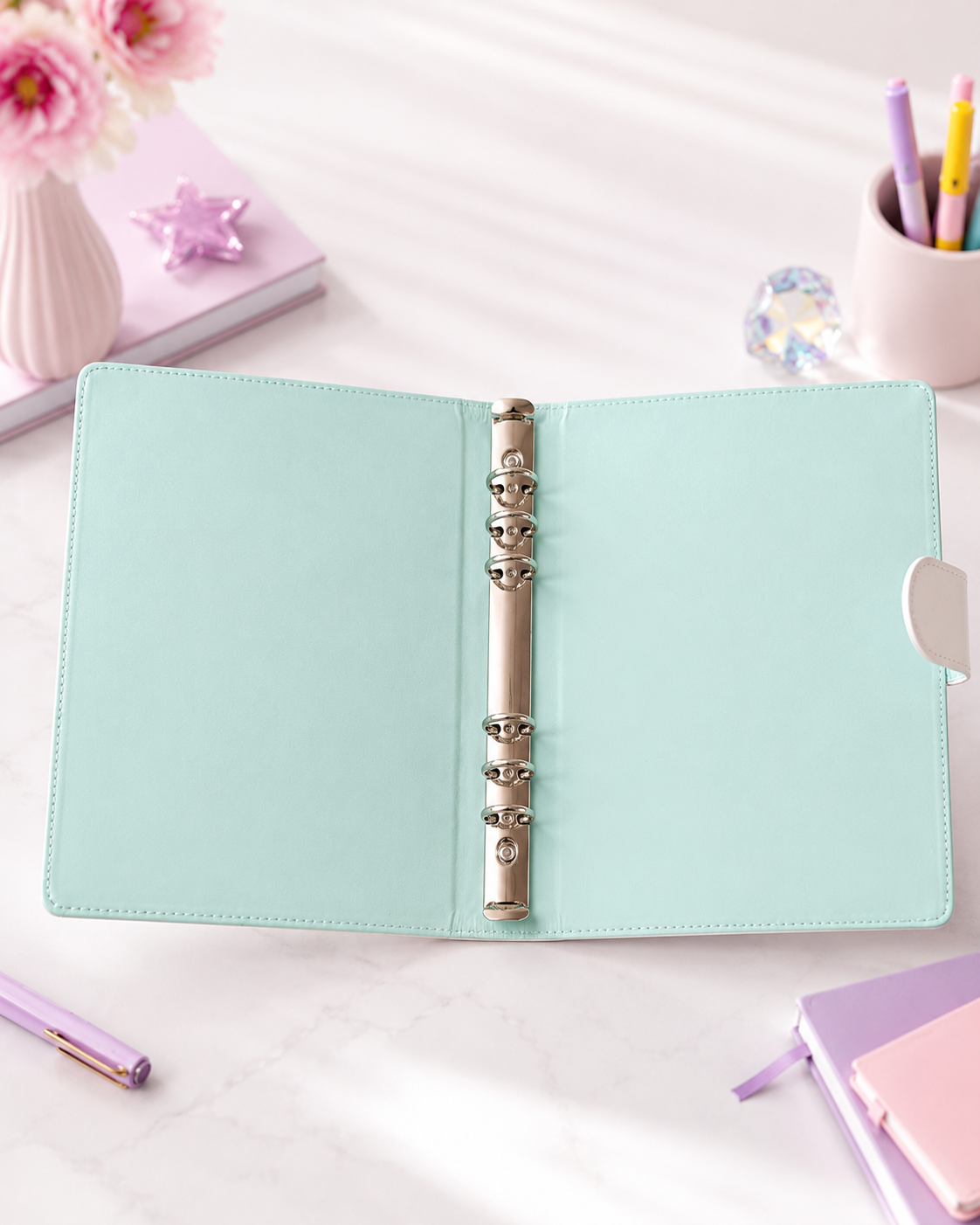 Open mint interior of Lisa Frank A5 six-ring binder