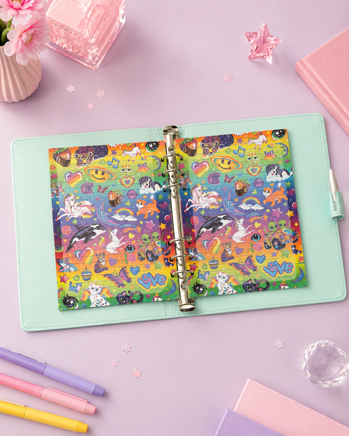 Open Lisa Frank A5 binder with colorful lined paper