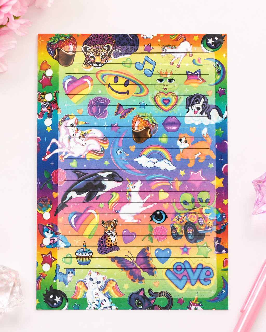 Colorful lined paper included with Lisa Frank A5 binder