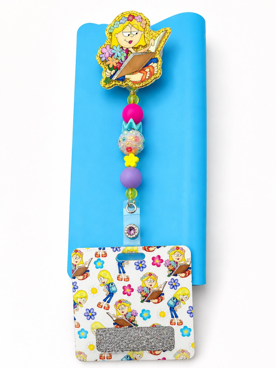 Lizzie-inspired colorful badge reel and matching badge buddy set