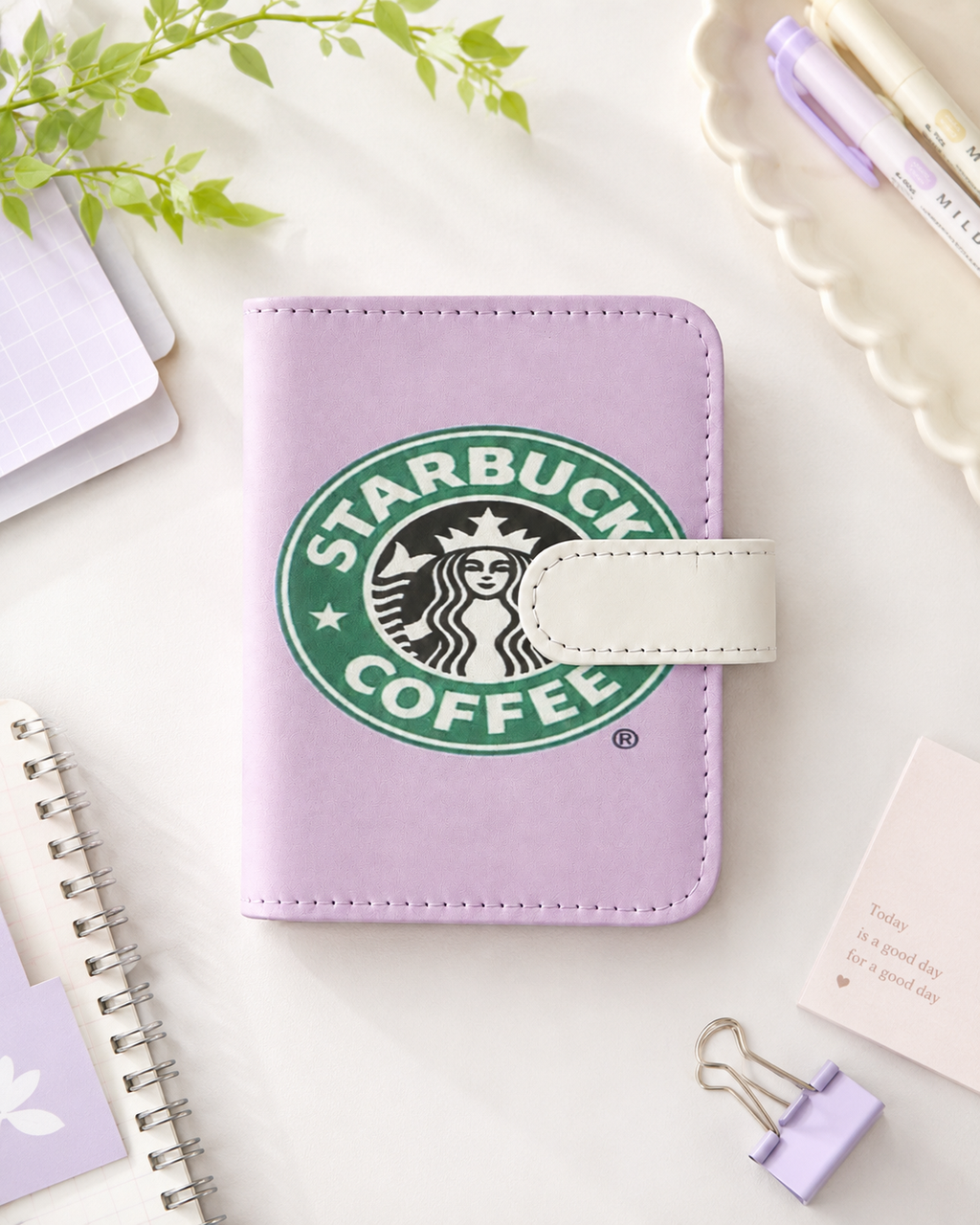 Lavender M5 coffee binder flat lay