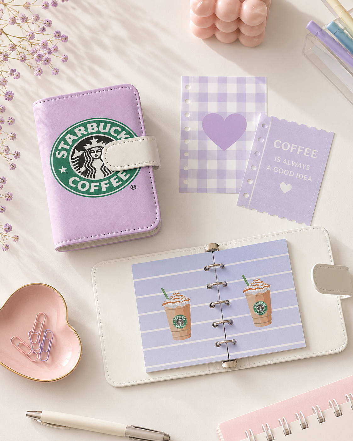 Lavender M5 coffee binder lifestyle flat lay