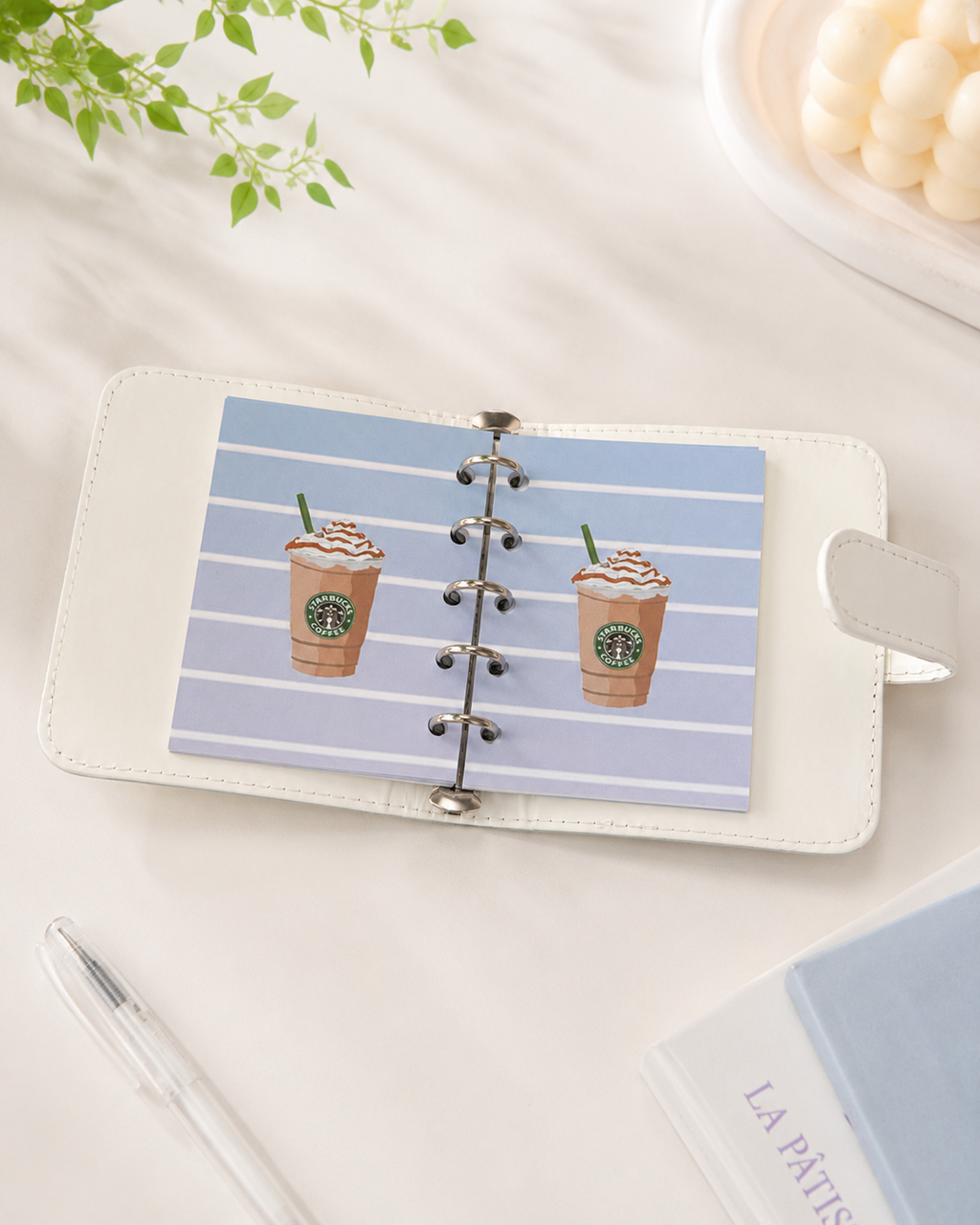 Open M5 coffee binder with striped paper