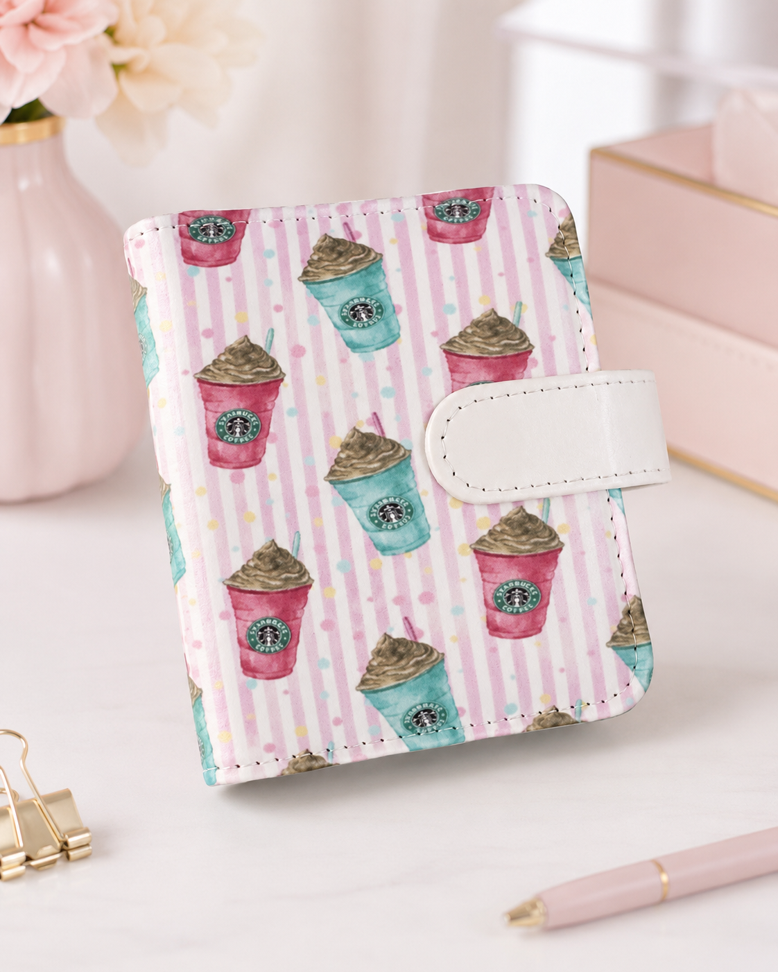 Pink coffee-themed M5 binder shown at an angle