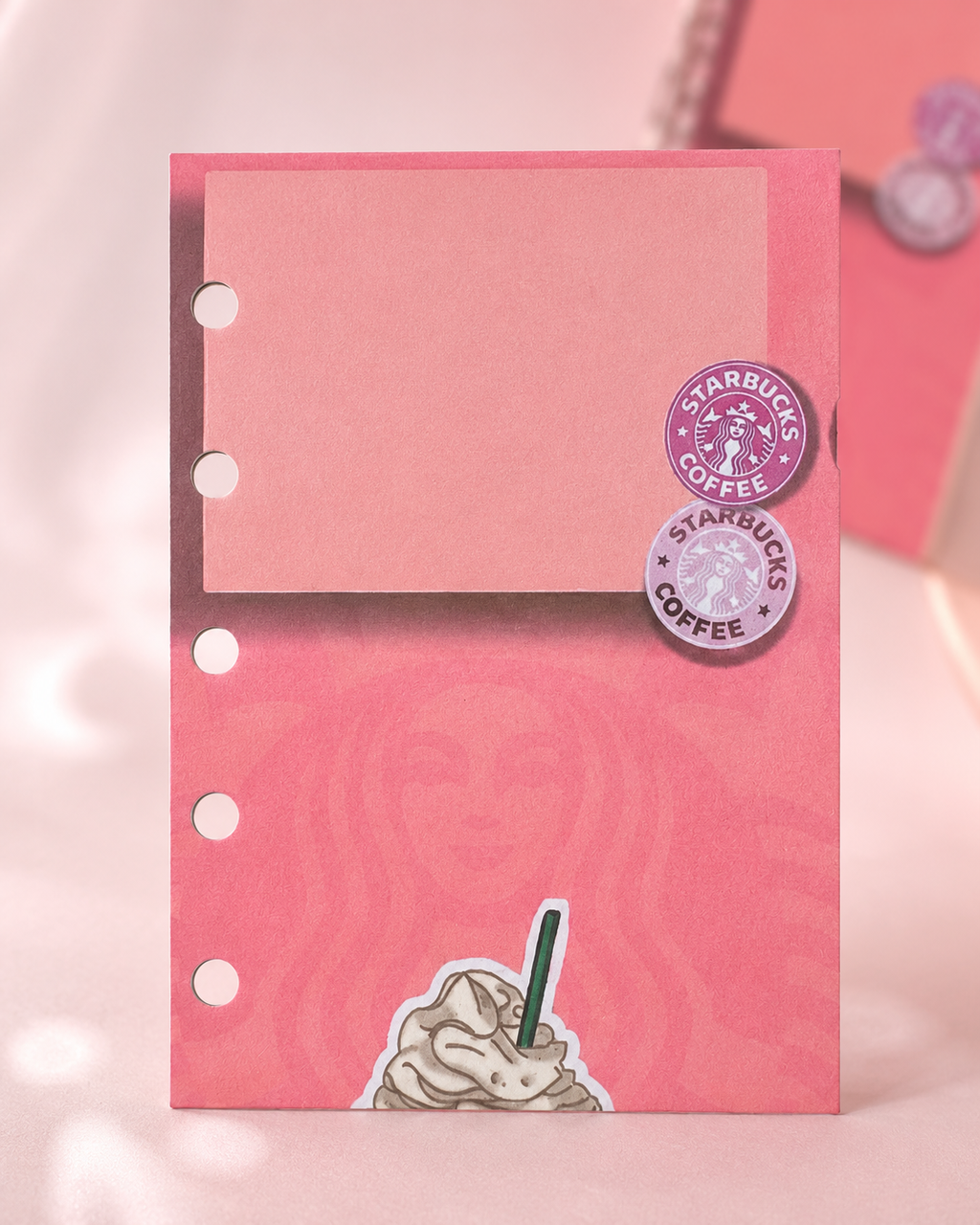 Close-up of pink coffee-themed M5 paper insert