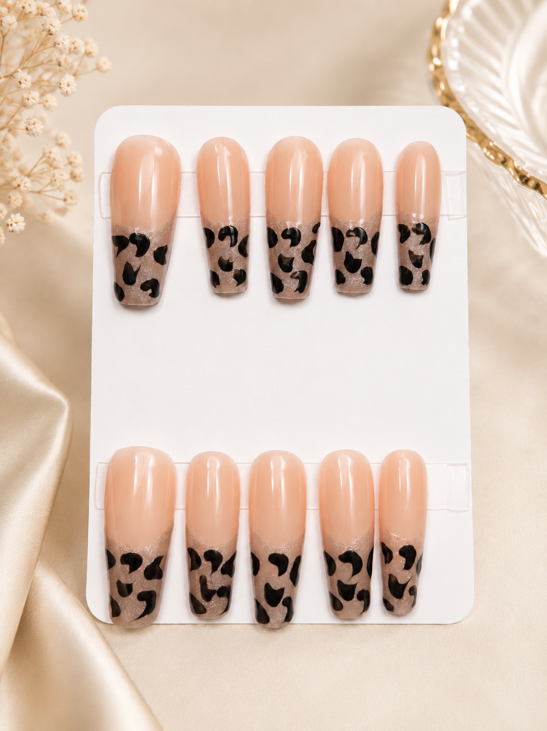 Nude and black leopard print long coffin press-on nails