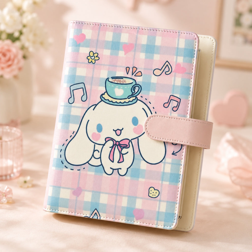 Pastel plaid A5 binder displayed at an angle on a soft pink background