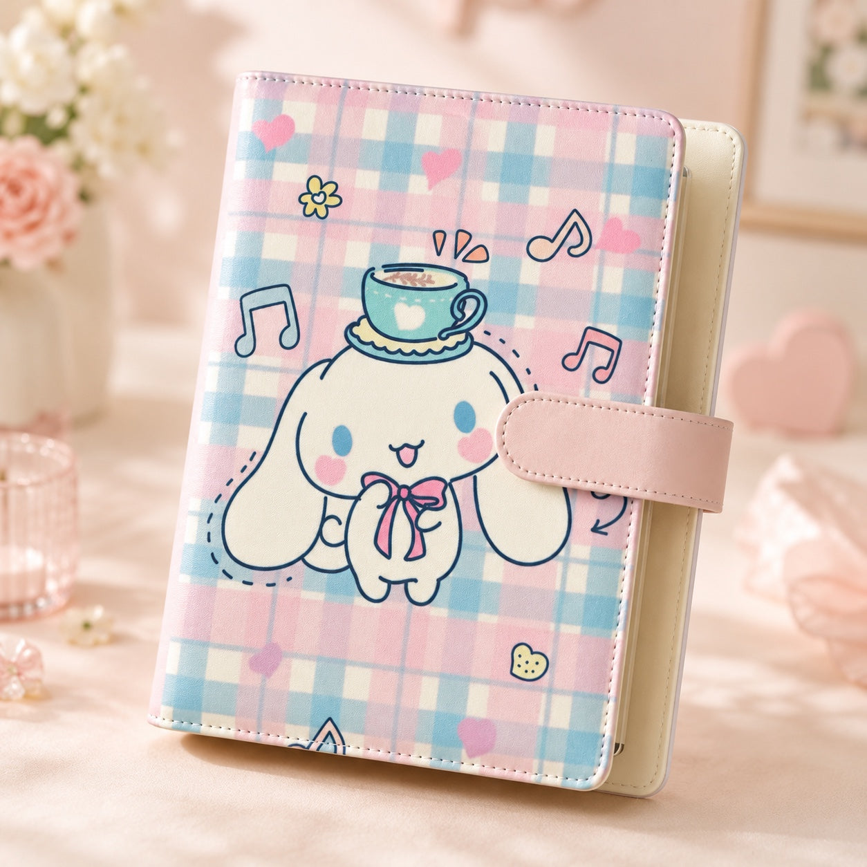 Pastel plaid A5 binder displayed at an angle on a soft pink background