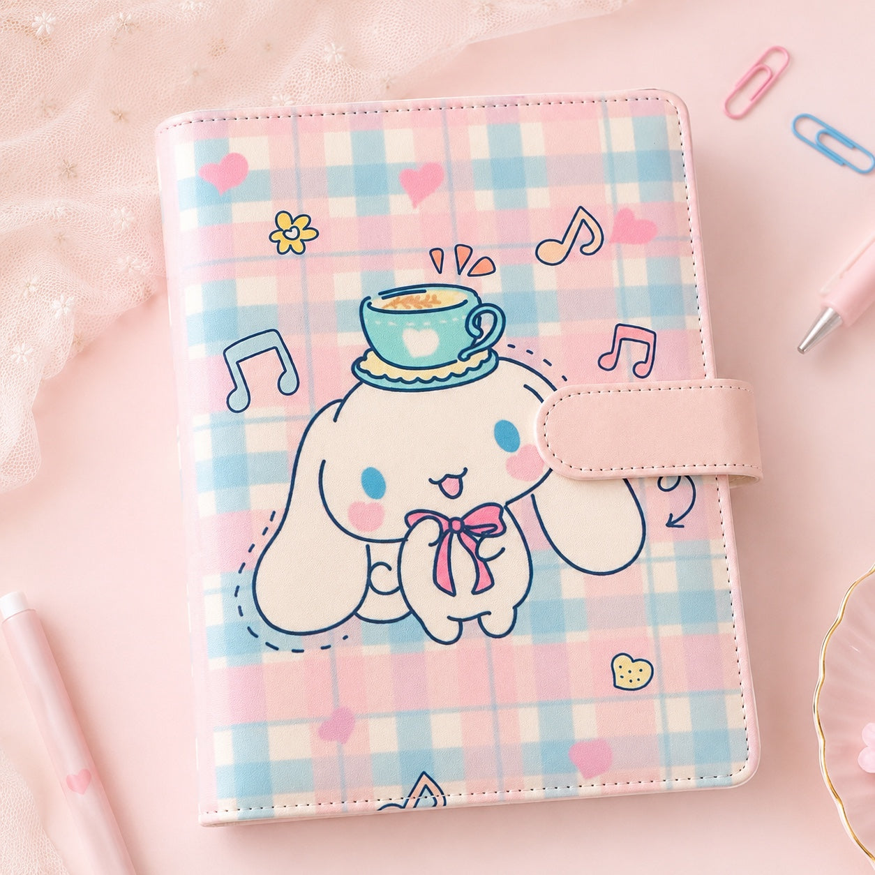 Pastel plaid A5 binder with pink snap closure