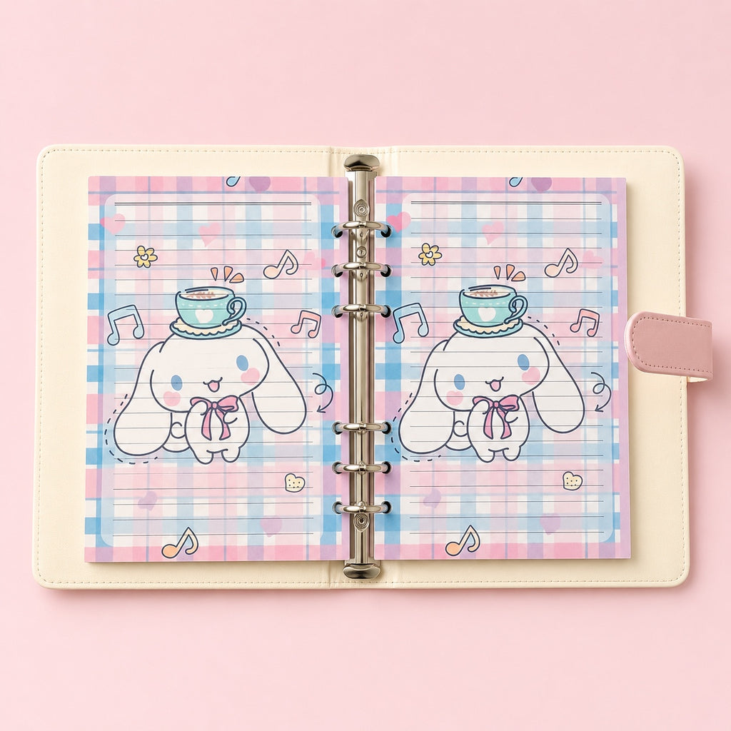 Open pastel plaid A5 six-ring binder with coordinating lined paper