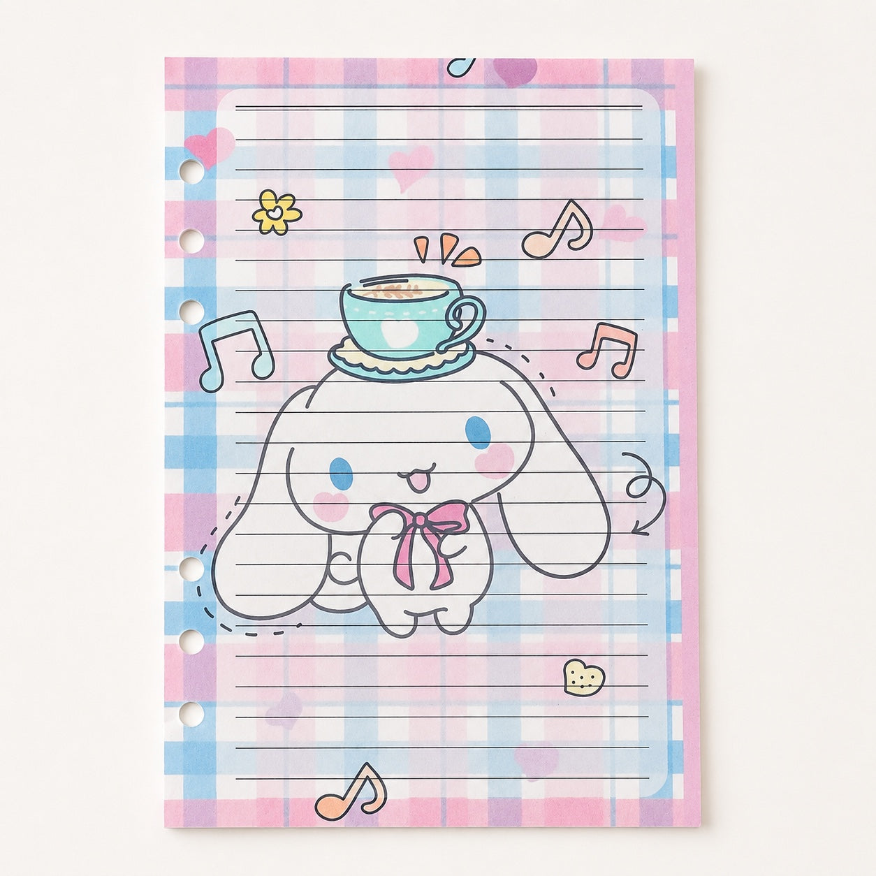 Coordinating pastel plaid A5 lined paper with six punched holes