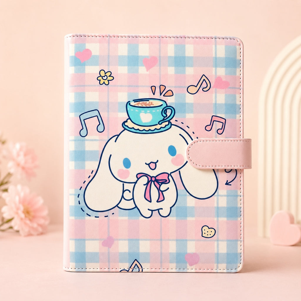 Pastel plaid A5 binder standing upright with pink snap closure