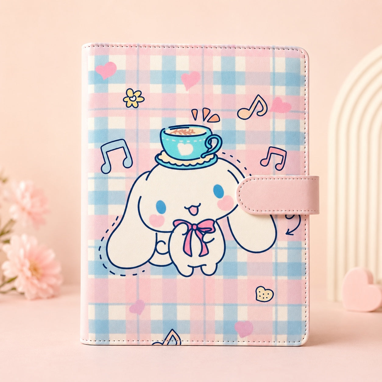 Pastel plaid A5 binder standing upright with pink snap closure
