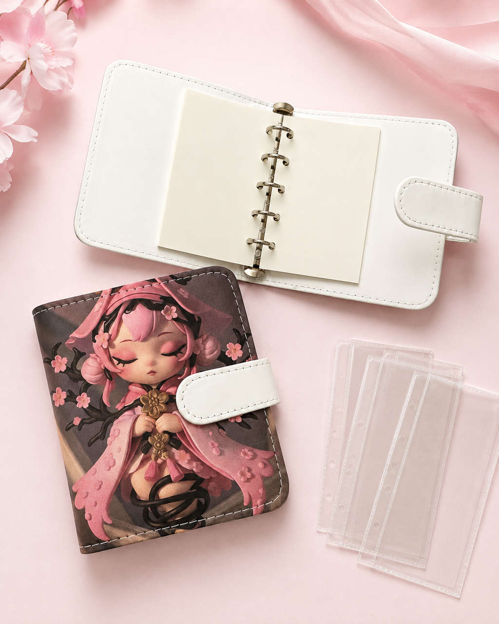 Open M5 binder with cream paper inserts