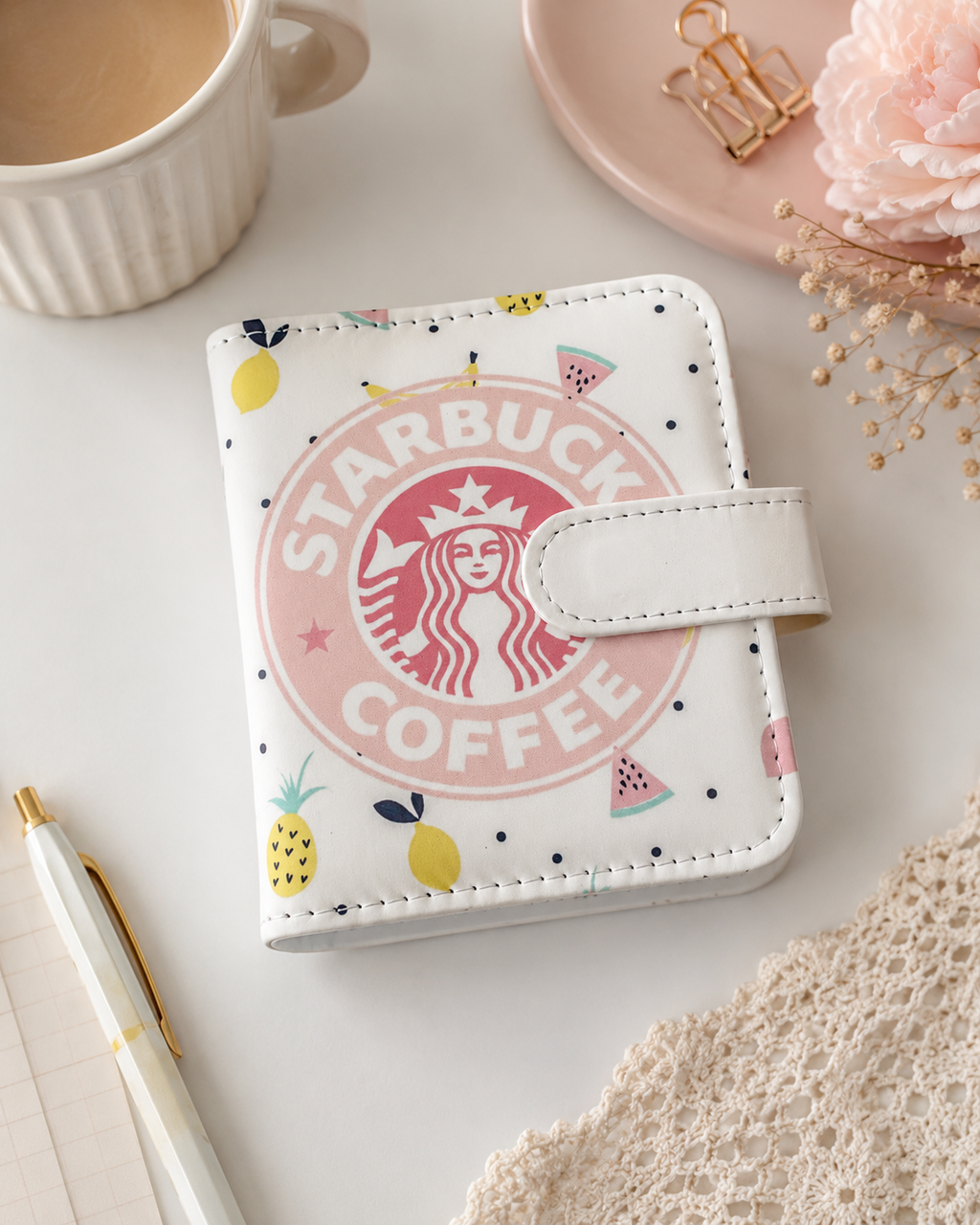 Pink coffee fruit M5 mini ring binder lifestyle view