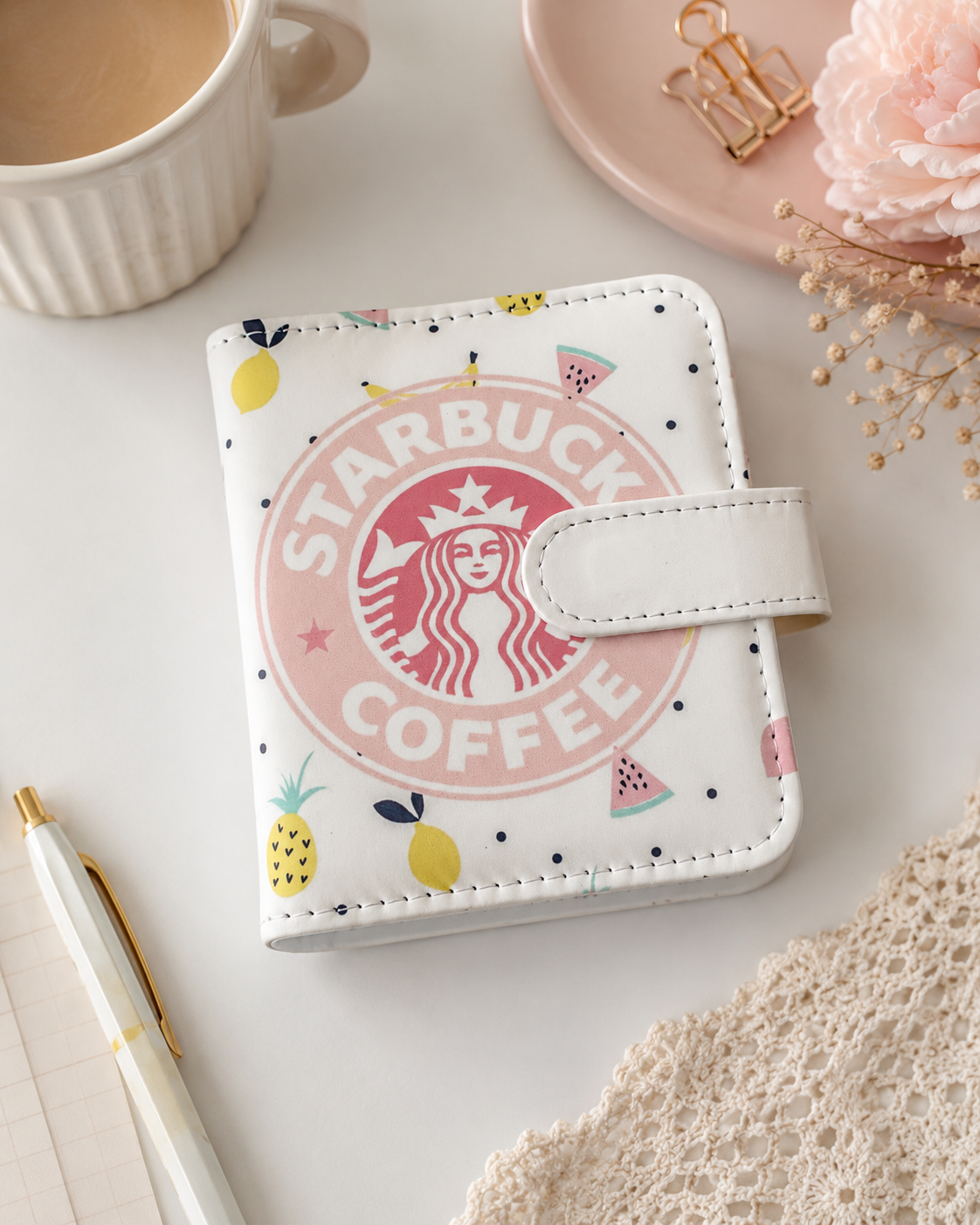 Pink coffee fruit M5 mini ring binder lifestyle view