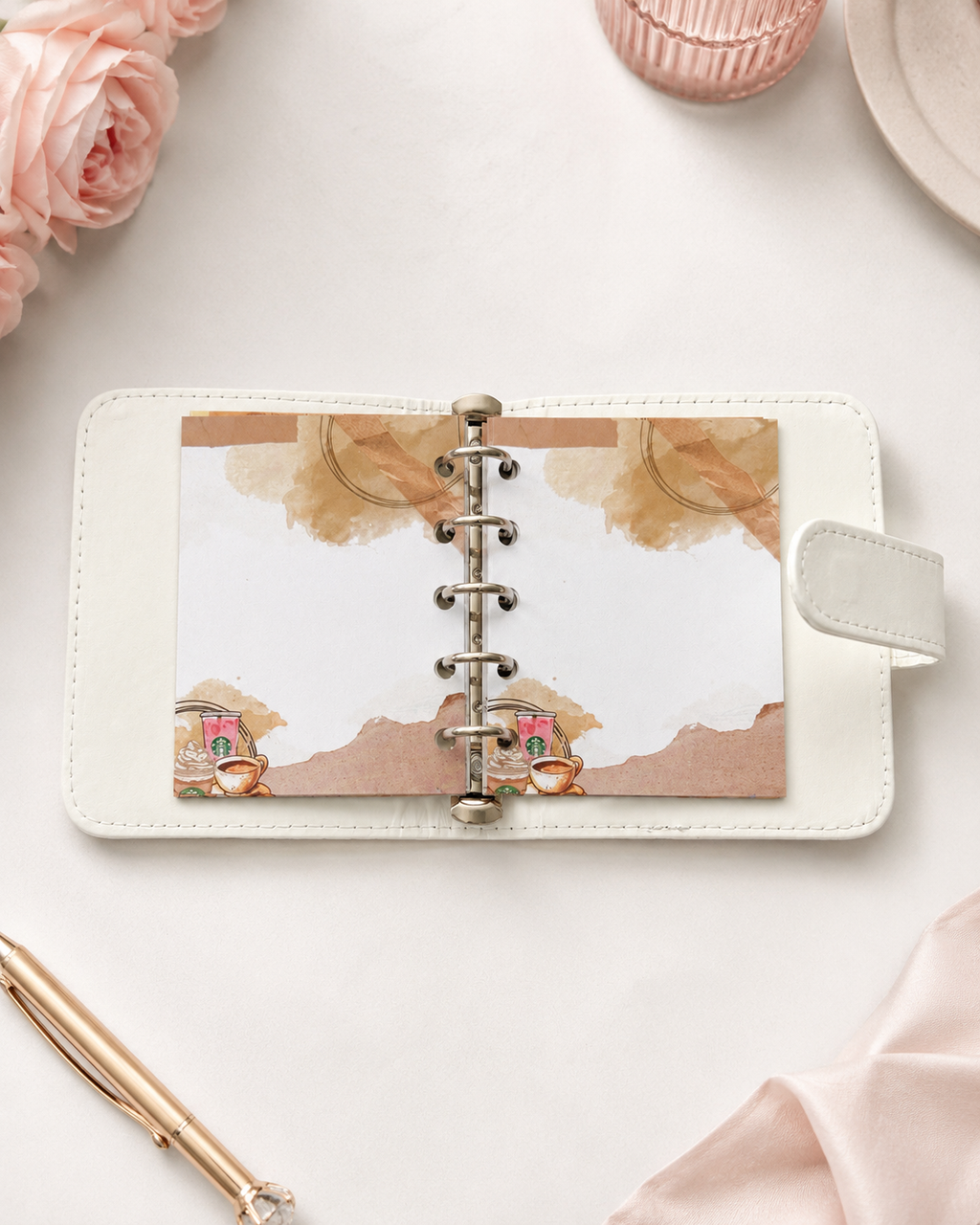 Pink coffee fruit M5 mini ring binder open with coffee themed inserts