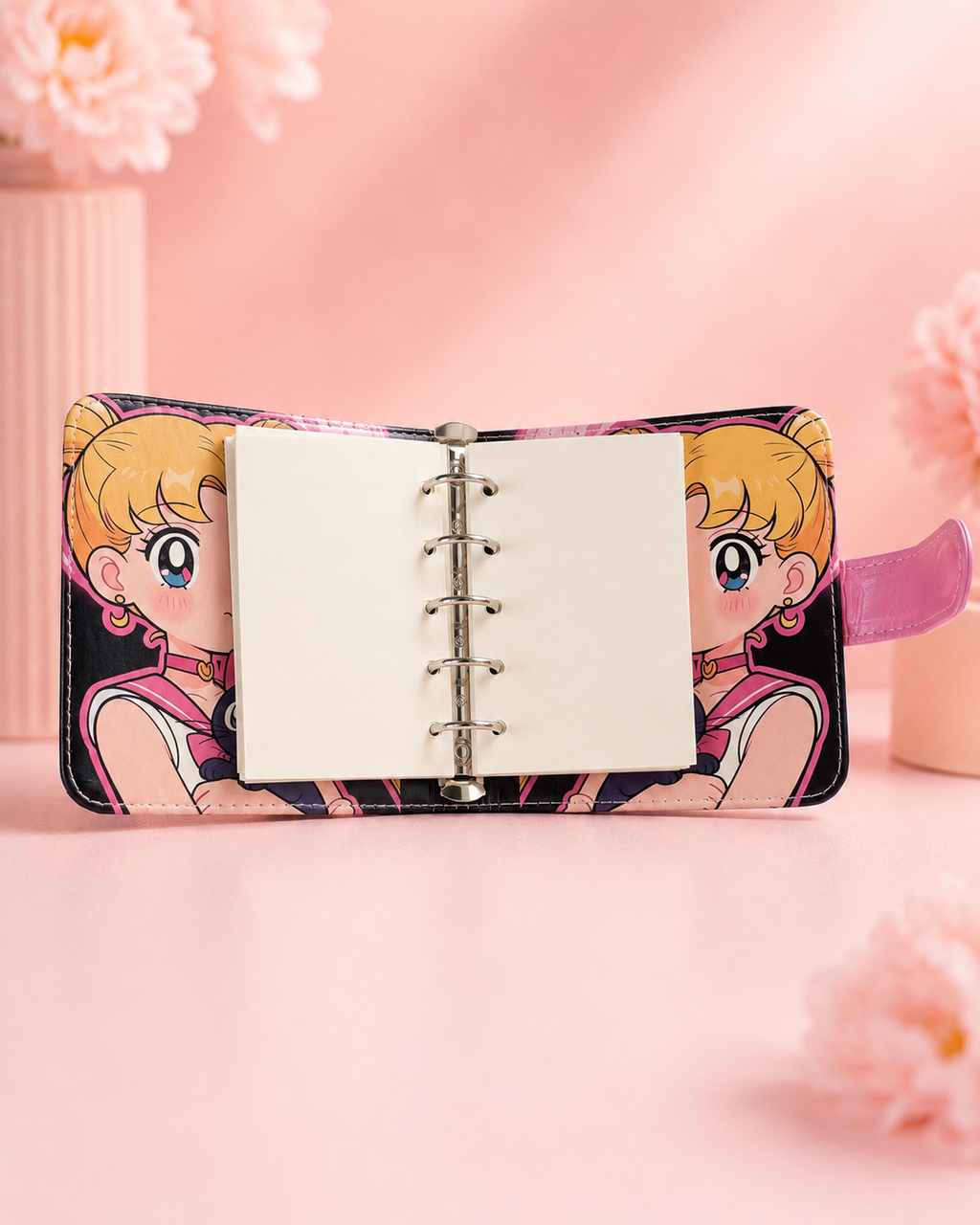 Pink Girl M5 binder planner open with blank paper inserts