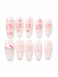 Medium pale pink coffin press-on nails with pink kitty and designer-inspired icons