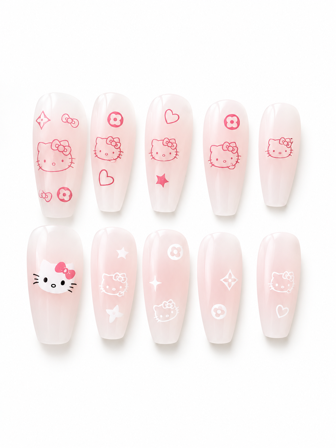 Medium pale pink coffin press-on nails with pink kitty and designer-inspired icons