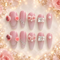 Medium coffin dusty pink press-on nails with 3D roses, pearls, rhinestones and crystal accents